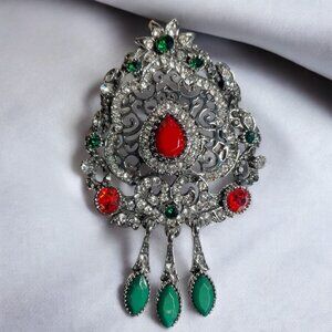 Retro Ornate Rhinestone Brooch Red Green Teardrop Crystal Victorian Statement